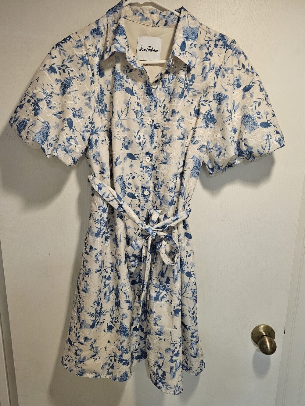 Sam Edelman Blue Floral Shirt Dress with Tie Waist Puff Sleeves Pockets Size 10
